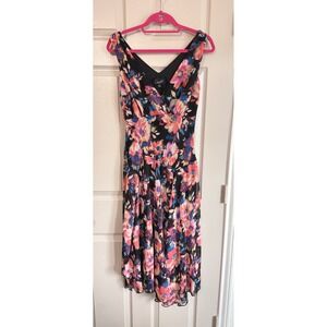 Connected Apparel Dress Sz 4 Black Multi Floral Handkerchief Hem Midi Y2K Whimsy